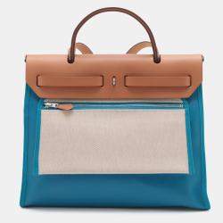 Pre Owned حقيبة هيرمس هيرباغ جلد فاكي هانتر تويل إتش بني أزرق 31 بسحاب