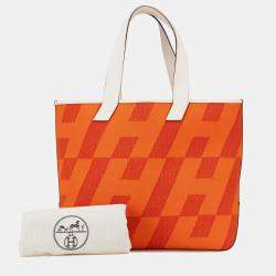 Pre Owned Hermes Orange White Toile H and Swift Cabas H en Biais 40