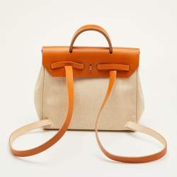 مملوكة مسبقًا حقيبة ظهر هيرميس هيرباج 2 إن 1 جلد وفانيل طبيعي/إكرو
