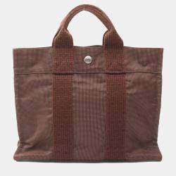 Pre Owned Hermes Herline PM Brown Nylon Canvas Tote Bag