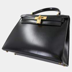 Pre Owned Hermes Kelly 28 Black Box Calf Leather Handbag