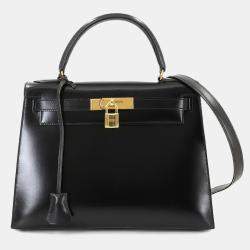 Pre Owned Hermes Kelly 28 Black Box Calf Leather Handbag