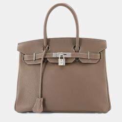 مملوكة مسبقًا Hermes Taurillon Clemence Etoupe Leather Birkin Handbag 30