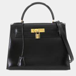 Pre Owned Hermes Black Box Calf Leather Kelly 28 Shoulder Bag