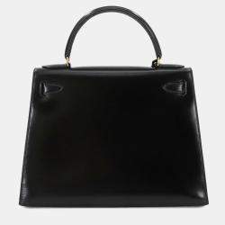 Pre Owned Hermes Black Box Calf Leather Kelly 28 Shoulder Bag