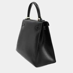 Pre Owned Hermes Black Box Calf Leather Kelly 28 Shoulder Bag