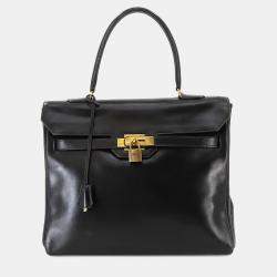 Pre Owned Hermes Black Box Calf Leather Kelly 28 Shoulder Bag