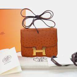 Pre Owned حقيبة هيرمس كونستانس 18 جلد نعامة ذهبي