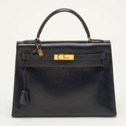 مملوكة مسبقًا Hermes Kelly Sellier 32 Blue Nuit Box Leather Gold Finish Top Handle Bag