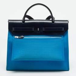 مملوكة مسبقًا Hermes Herbag Zip 31 Bleu Zanzibar/Bleu Indigo Toile and Vache Hunter Top Handle Bag