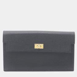 Pre Owned Hermes Kelly Pocket Long Bifold Wallet Leather Chevre Sham Killa Black