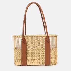 Pre Owned سلة زجاجات هيرمس 2022 خوص بيج/بني وجلد توريلون
