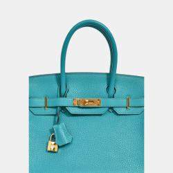 Pre Owned حقيبة هيرمس بيركين 2016 كلمنس جلد بلو باو معادن ذهبية 30