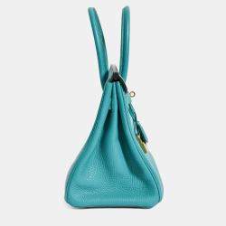 Pre Owned حقيبة هيرمس بيركين 2016 كلمنس جلد بلو باو معادن ذهبية 30