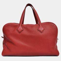 Pre Owned Hermes 2014 Burgundy Clemence 'Victoria 43' Weekender Tote with Luggage Tag