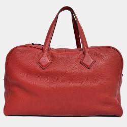 Pre Owned Hermes 2014 Burgundy Clemence 'Victoria 43' Weekender Tote with Luggage Tag