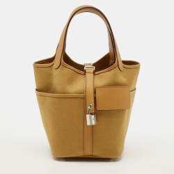 Pre Owned Hermes Cargo Picotin Lock 18 Sesame Toile Goeland and Swift Leather Tote