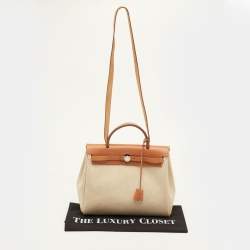 Pre Owned Hermes Herbag 31 Ecru/Natural Toile Canvas and Vache Leather Bag