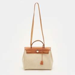 Pre Owned Hermes Herbag 31 Ecru/Natural Toile Canvas and Vache Leather Bag