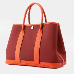 مملوكة مسبقًا Hermes Garden Party TPM Burgundy, Orange Toile H Canvas Negonda Calfskin Leather Tote Bag