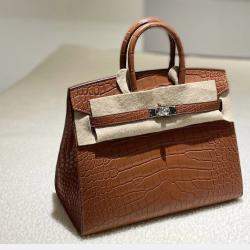 Pre Owned Hermes Gold Birkin 25 Matte Crocodile with Palladium Finish Hardware