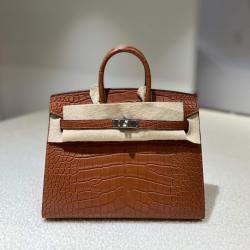 Pre Owned Hermes Gold Birkin 25 Matte Crocodile with Palladium Finish Hardware