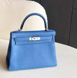 Pre Owned Hermes Kelly 28 Bleu Paradis Togo with palladium hardware