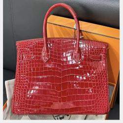 Pre Owned Hermes Birkin 30 shiny crocodile Ferrari red with palladium hardware