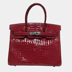 Pre Owned Hermes Birkin 30 shiny crocodile Ferrari red with palladium hardware