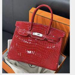 Pre Owned Hermes Birkin 30 shiny crocodile Ferrari red with palladium hardware