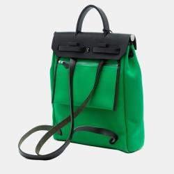 Pre Owned Hermes Black Green Toile Herbag A Dos Zip Retourne Backpack