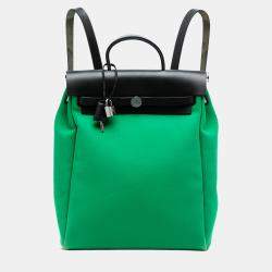 Pre Owned Hermes Black Green Toile Herbag A Dos Zip Retourne Backpack