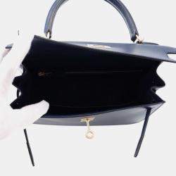 Pre Owned Hermes Kelly Sellier Blue Abysse Tadelakt Leather Size 25