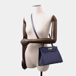 Pre Owned Hermes Kelly Sellier Blue Abysse Tadelakt Leather Size 25