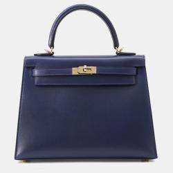 Pre Owned Hermes Kelly Sellier Blue Abysse Tadelakt Leather Size 25