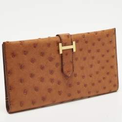 Pre Owned Hermes Bearn Gusset Natural Sable Ostrich Continental Wallet