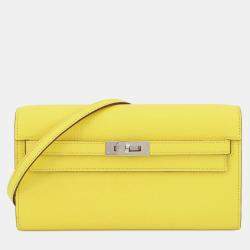 Pre Owned Hermes Kelly Wallet Long To-Go Shoulder Bag Lime Chevre Mysore