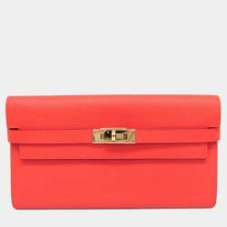 Pre Owned محفظة هيرمس كيلي طويلة طي مزدوج جلد إيبسوم روز جايبور وردي سلمون