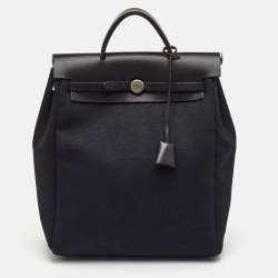 Pre Owned Hermes Herbag Black Toile Canvas and Vache Hunter Top Handle Bag