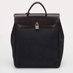 Pre Owned Hermes Herbag Black Toile Canvas and Vache Hunter Top Handle Bag