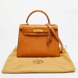 Pre Owned Hermes Kelly Sellier 28 Gold Finish Natural Ostrich Top Handle Bag