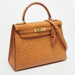 Pre Owned Hermes Kelly Sellier 28 Gold Finish Natural Ostrich Top Handle Bag