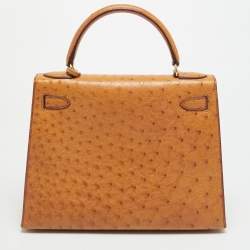 Pre Owned Hermes Kelly Sellier 28 Gold Finish Natural Ostrich Top Handle Bag