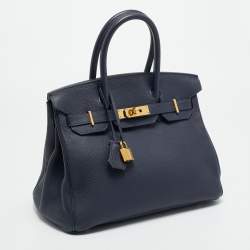 Pre Owned Hermès Birkin 30 Gold Finish Bleu Nuit Togo Leather Tote