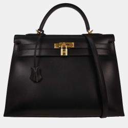 مملوك ة مسبقًا حقيبة هيرمس كيلي 35 سيلير جلد بوكس أسود بحمالتين