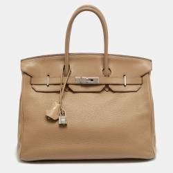 Pre Owned Hermes Birkin 35 Palladium Finish Tabac Camel Taurillon Clemence Leather Tote
