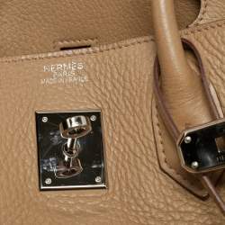 Pre Owned Hermes Birkin 35 Palladium Finish Tabac Camel Taurillon Clemence Leather Tote