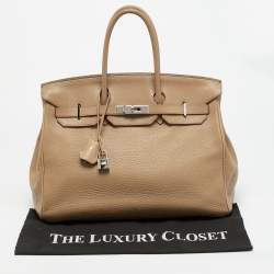 Pre Owned Hermes Birkin 35 Palladium Finish Tabac Camel Taurillon Clemence Leather Tote