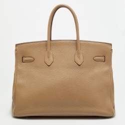 Pre Owned Hermes Birkin 35 Palladium Finish Tabac Camel Taurillon Clemence Leather Tote