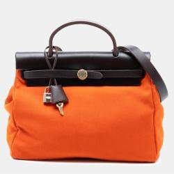Pre Owned Hermes Brown Orange Toile Herbag Zip 31